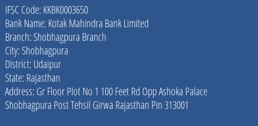 Kotak Mahindra Bank Limited Shobhagpura Branch Branch, Branch Code 003650 & IFSC Code KKBK0003650