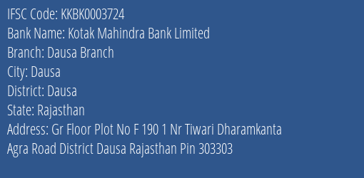 Kotak Mahindra Bank Limited Dausa Branch Branch, Branch Code 003724 & IFSC Code KKBK0003724