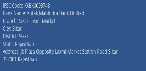 Kotak Mahindra Bank Sikar Laxmi Market Branch Sikar IFSC Code KKBK0003743