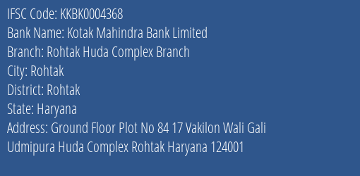 Kotak Mahindra Bank Limited Rohtak Huda Complex Branch Branch IFSC Code