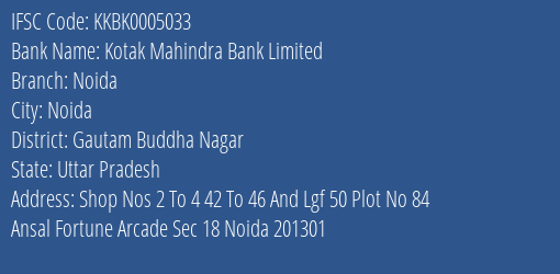 Kotak Mahindra Bank Limited Noida Branch, Branch Code 005033 & IFSC Code KKBK0005033