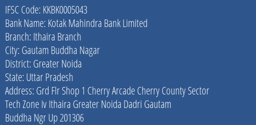Kotak Mahindra Bank Limited Ithaira Branch Branch, Branch Code 005043 & IFSC Code KKBK0005043