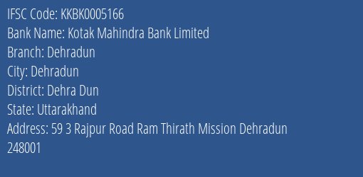 Kotak Mahindra Bank Limited Dehradun Branch IFSC Code