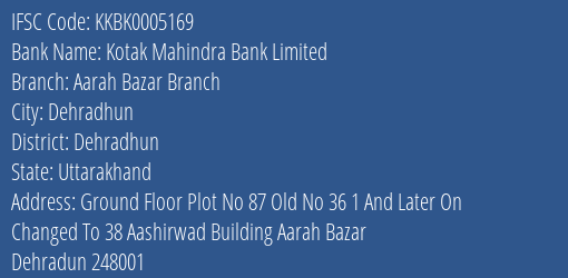 Kotak Mahindra Bank Aarah Bazar Branch Branch Dehradhun IFSC Code KKBK0005169
