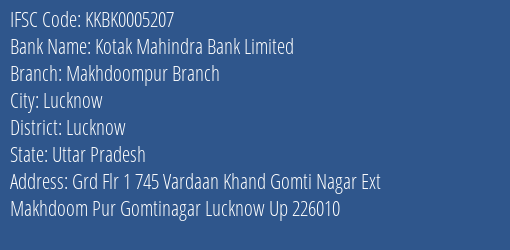 Kotak Mahindra Bank Limited Makhdoompur Branch Branch IFSC Code