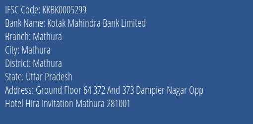 Kotak Mahindra Bank Limited Mathura Branch IFSC Code