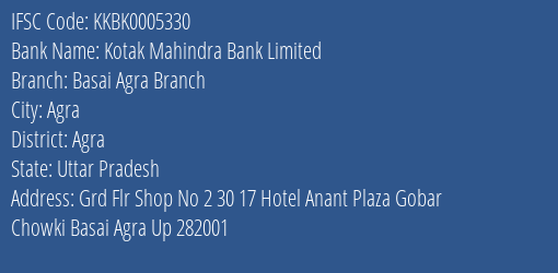 Kotak Mahindra Bank Limited Basai Agra Branch Branch, Branch Code 005330 & IFSC Code KKBK0005330