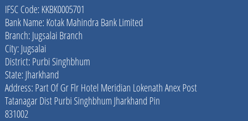 Kotak Mahindra Bank Limited Jugsalai Branch Branch, Branch Code 005701 & IFSC Code KKBK0005701