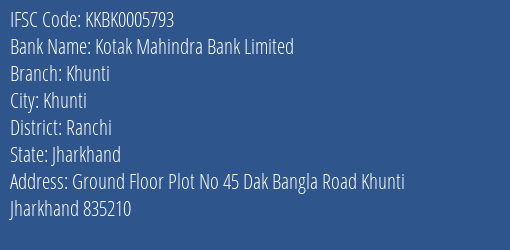 Kotak Mahindra Bank Limited Khunti Branch, Branch Code 005793 & IFSC Code KKBK0005793