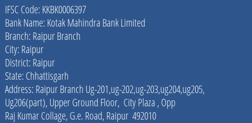 Kotak Mahindra Bank Limited Raipur Branch Branch, Branch Code 006397 & IFSC Code KKBK0006397