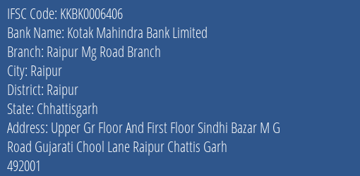 Kotak Mahindra Bank Limited Raipur Mg Road Branch Branch, Branch Code 006406 & IFSC Code KKBK0006406