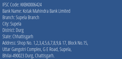 Kotak Mahindra Bank Limited Supela Branch Branch, Branch Code 006424 & IFSC Code KKBK0006424