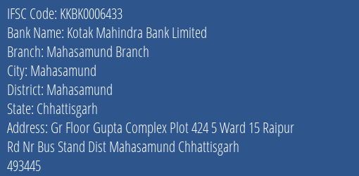 Kotak Mahindra Bank Mahasamund Branch Branch Mahasamund IFSC Code KKBK0006433