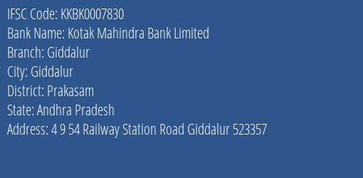 Kotak Mahindra Bank Giddalur Branch Prakasam IFSC Code KKBK0007830