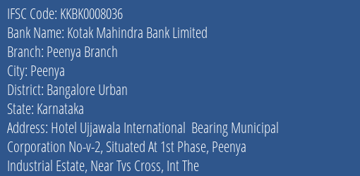 Kotak Mahindra Bank Peenya Branch Branch Bangalore Urban IFSC Code KKBK0008036