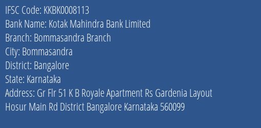 Kotak Mahindra Bank Bommasandra Branch Branch Bangalore IFSC Code KKBK0008113