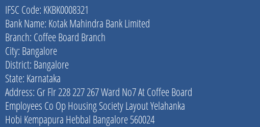Kotak Mahindra Bank Coffee Board Branch Branch Bangalore IFSC Code KKBK0008321