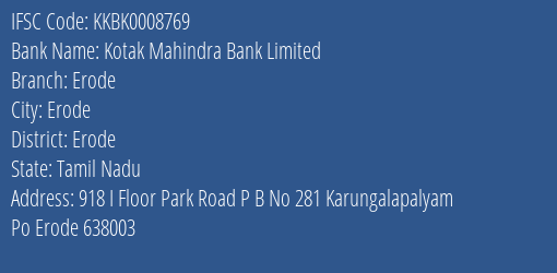Kotak Mahindra Bank Erode Branch Erode IFSC Code KKBK0008769
