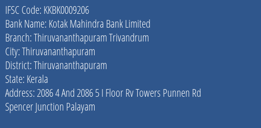 Kotak Mahindra Bank Thiruvananthapuram Trivandrum Branch Thiruvananthapuram IFSC Code KKBK0009206