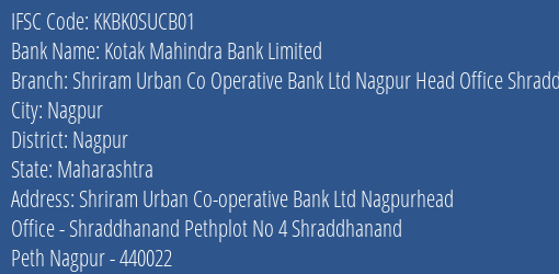 Kotak Mahindra Bank Limited Shriram Urban Co Operative Bank Ltd Nagpur Head Office Shraddhanand Peth Branch, Branch Code SUCB01 & IFSC Code KKBK0SUCB01