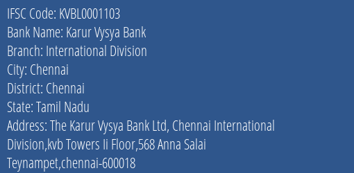 Karur Vysya Bank International Division Branch IFSC Code