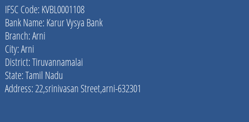 Karur Vysya Bank Arni Branch IFSC Code