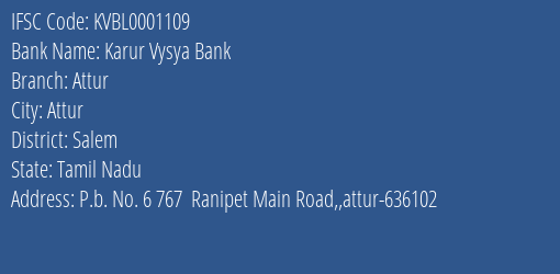 Karur Vysya Bank Attur Branch IFSC Code