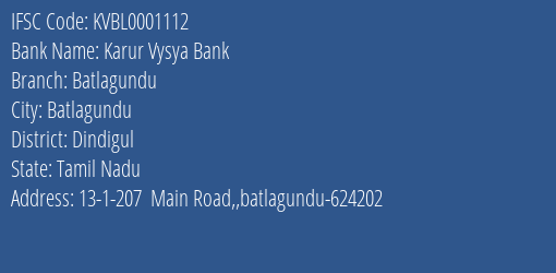 Karur Vysya Bank Batlagundu Branch, Branch Code 001112 & IFSC Code KVBL0001112