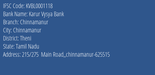Karur Vysya Bank Chinnamanur Branch, Branch Code 001118 & IFSC Code KVBL0001118