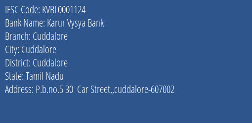 Karur Vysya Bank Cuddalore Branch, Branch Code 001124 & IFSC Code KVBL0001124