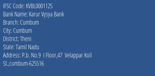 Karur Vysya Bank Cumbum Branch, Branch Code 001125 & IFSC Code KVBL0001125