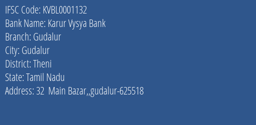 Karur Vysya Bank Gudalur Branch, Branch Code 001132 & IFSC Code KVBL0001132