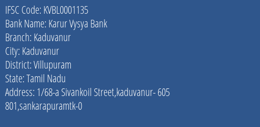 Karur Vysya Bank Kaduvanur Branch Villupuram IFSC Code KVBL0001135