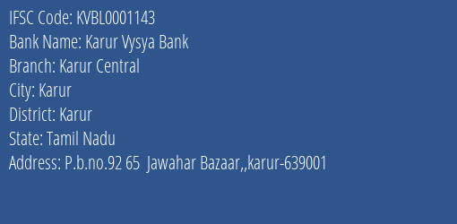 Karur Vysya Bank Karur Central Branch IFSC Code