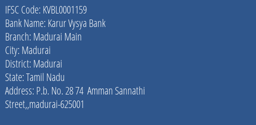 Karur Vysya Bank Madurai Main Branch IFSC Code