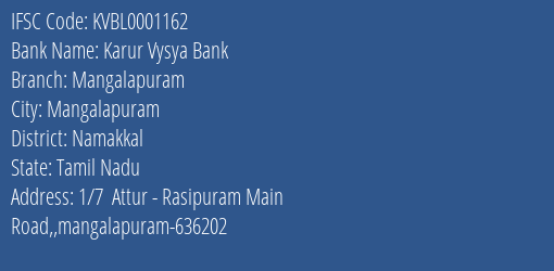 Karur Vysya Bank Mangalapuram Branch Namakkal IFSC Code KVBL0001162