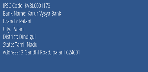 Karur Vysya Bank Palani Branch IFSC Code