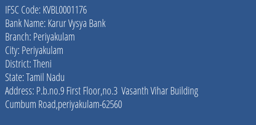 Karur Vysya Bank Periyakulam Branch, Branch Code 001176 & IFSC Code KVBL0001176