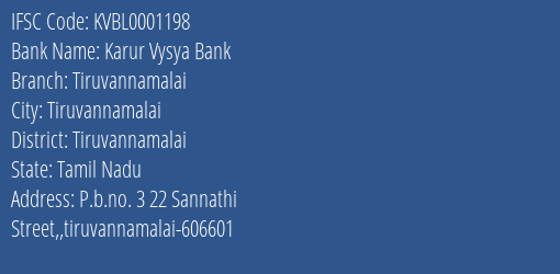 Karur Vysya Bank Tiruvannamalai Branch, Branch Code 001198 & IFSC Code KVBL0001198