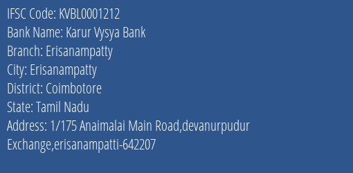 Karur Vysya Bank Erisanampatty Branch, Branch Code 001212 & IFSC Code KVBL0001212