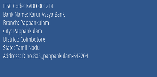 Karur Vysya Bank Pappankulam Branch, Branch Code 001214 & IFSC Code KVBL0001214