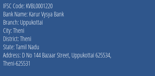 Karur Vysya Bank Uppukottai Branch, Branch Code 001220 & IFSC Code KVBL0001220