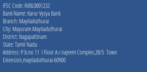 Karur Vysya Bank Mayiladuthurai Branch Nagapattinam IFSC Code KVBL0001232
