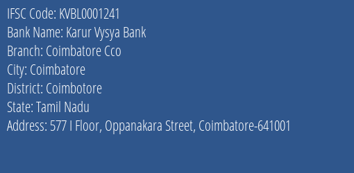 Karur Vysya Bank Coimbatore Cco Branch IFSC Code