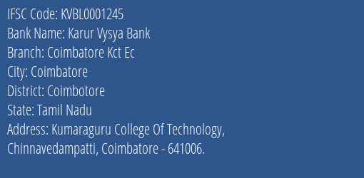 Karur Vysya Bank Coimbatore Kct Ec Branch IFSC Code