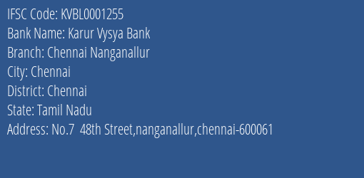 Karur Vysya Bank Chennai Nanganallur Branch IFSC Code