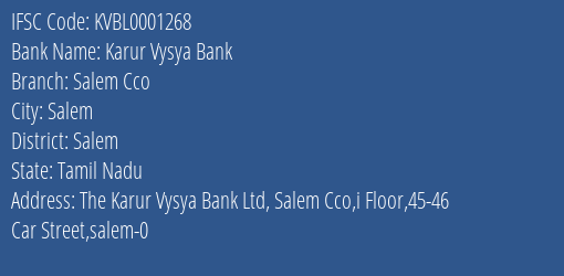 Karur Vysya Bank Salem Cco Branch, Branch Code 001268 & IFSC Code KVBL0001268