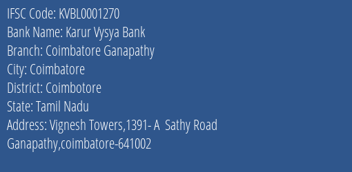 Karur Vysya Bank Coimbatore Ganapathy Branch, Branch Code 001270 & IFSC Code KVBL0001270