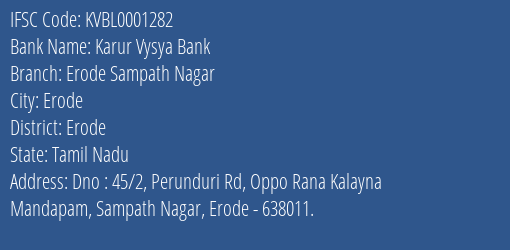 Karur Vysya Bank Erode Sampath Nagar Branch, Branch Code 001282 & IFSC Code KVBL0001282