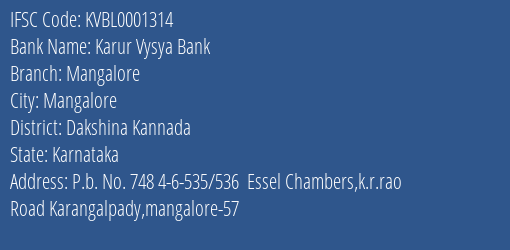 Karur Vysya Bank Mangalore Branch, Branch Code 001314 & IFSC Code KVBL0001314